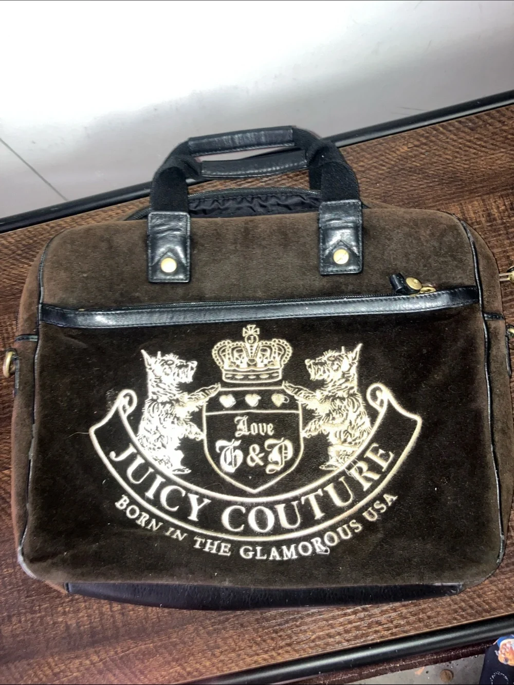 Juicy Couture Brown Velvet Crest Laptop Bag with Cream Embroidery